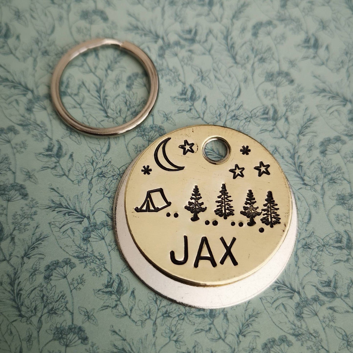 Night time moon stars camping tent forest trees landscape dog tag - hand stamped made to order pet dog ID tag Collar Christmas Gift Idea