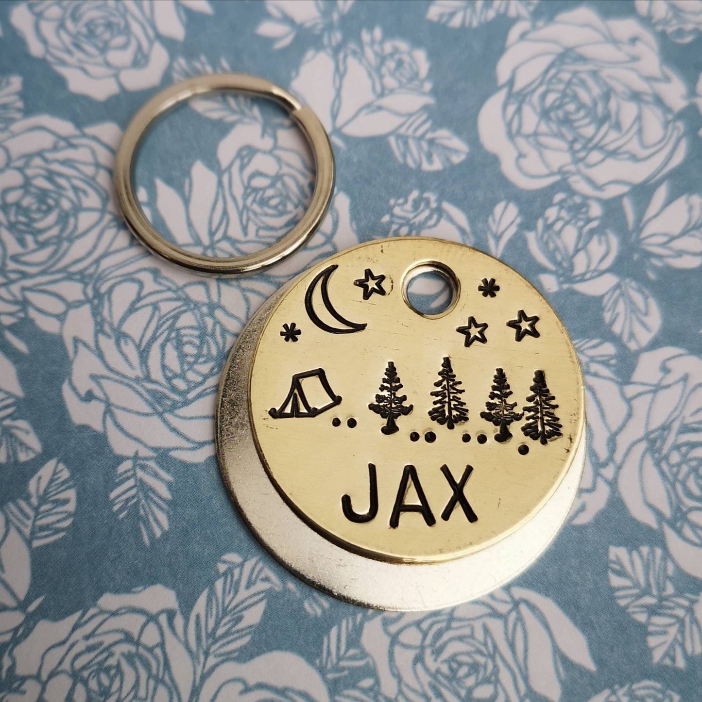 Night time moon stars camping tent forest trees landscape dog tag - hand stamped made to order pet dog ID tag Collar Christmas Gift Idea