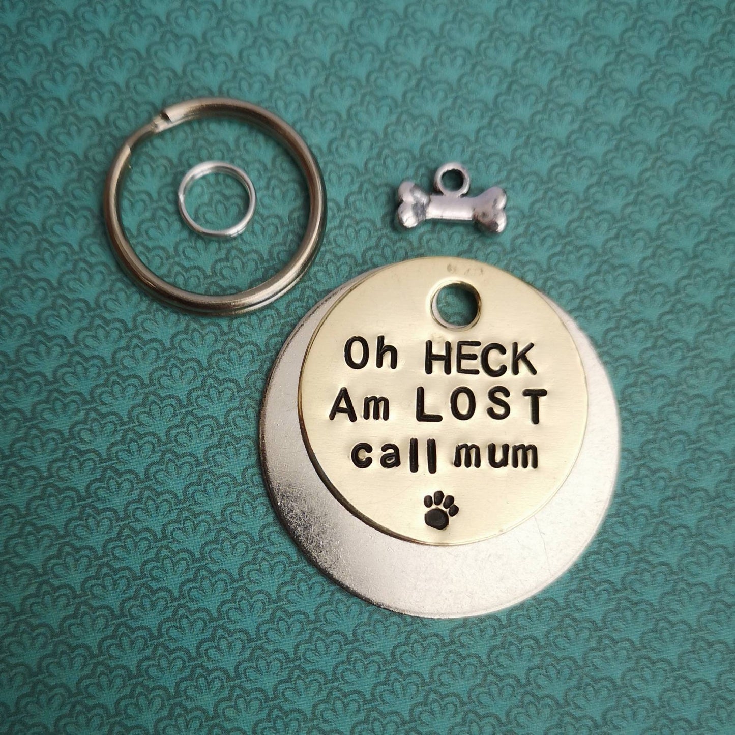 Oh HECK Am LOST call mum - doggo speak dog tag pet tag hand stamped Collar Christmas Gift Idea