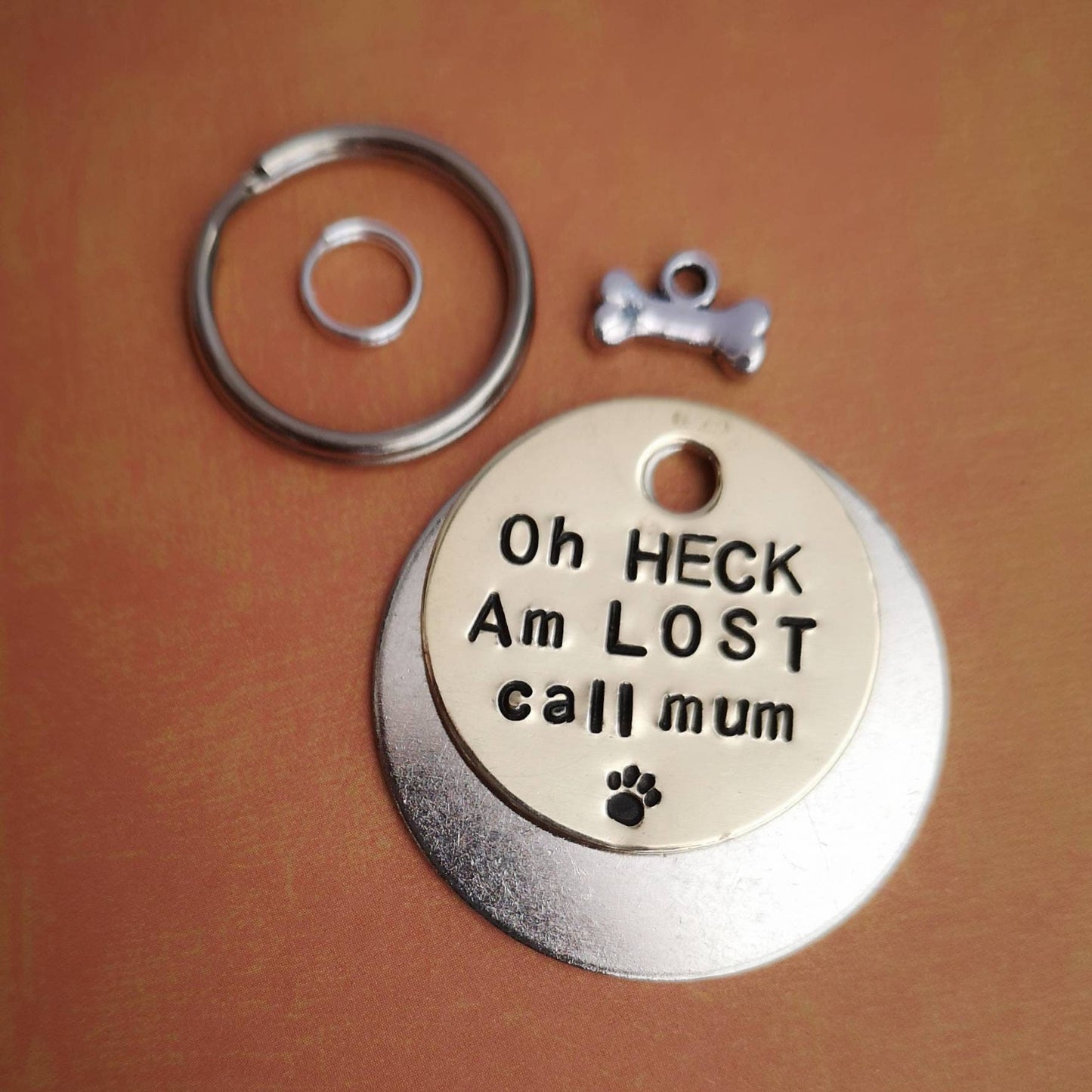 Oh HECK Am LOST call mum - doggo speak dog tag pet tag hand stamped Collar Christmas Gift Idea