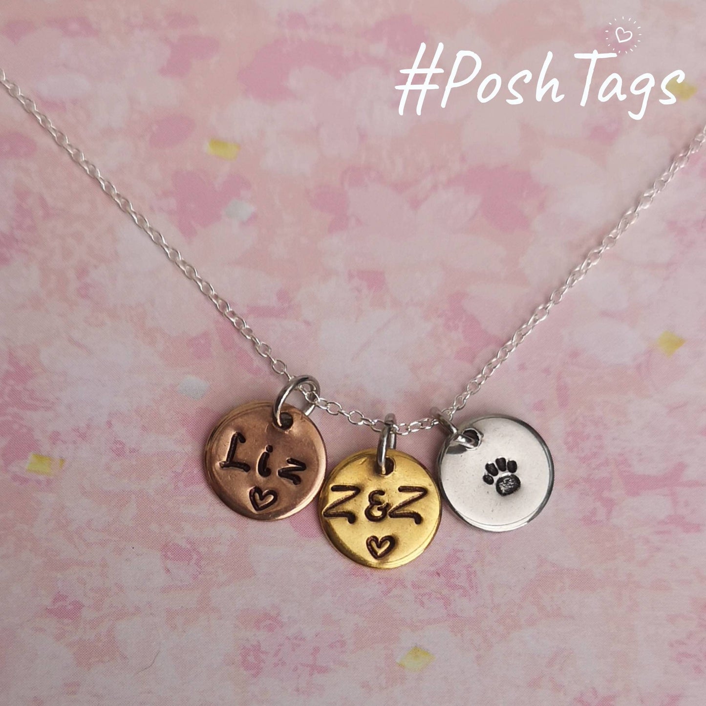 Hand stamped personalised sterling silver necklace with various shapes and sizes stainless steel pendants #PoshTags