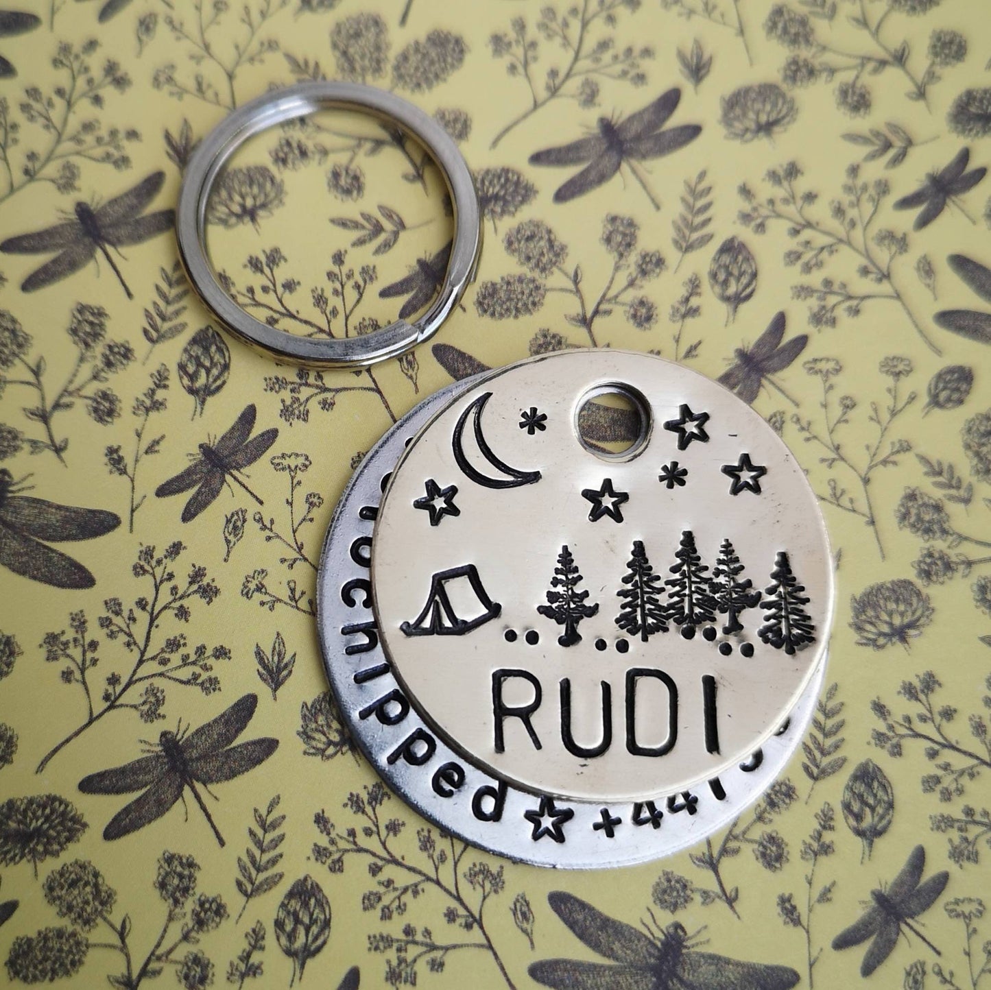 Night time moon stars camping tent forest trees landscape dog tag - hand stamped made to order pet dog ID tag Collar Christmas Gift Idea