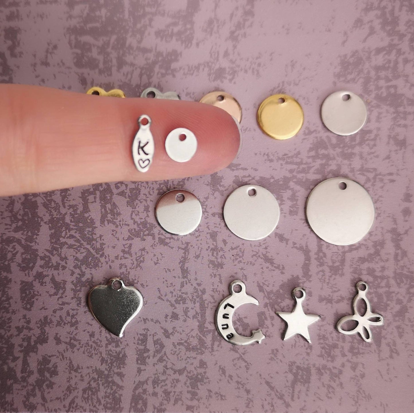 Hand stamped personalised sterling silver necklace with various shapes and sizes stainless steel pendants #PoshTags