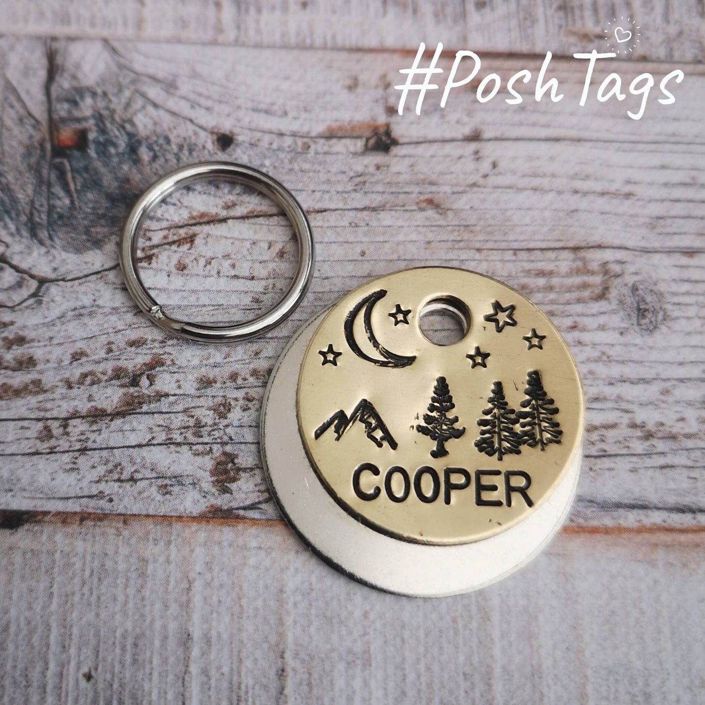 SMALLER DISCS Night time moon stars mountain trees landscape tag Alfie - hand stamped made to order pet dog puppy cat kitten ID tag