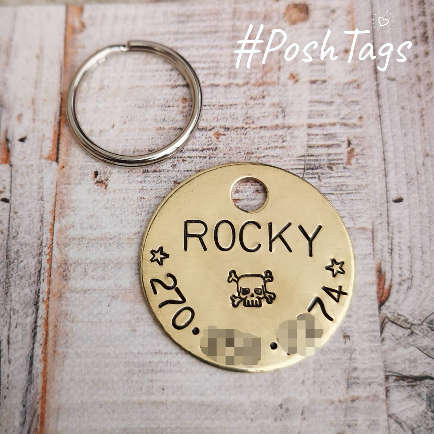 Simple single brass disc name and number with skull and crossbones - cat dog tag pet ID #PoshTags Collar Christmas Gift Idea