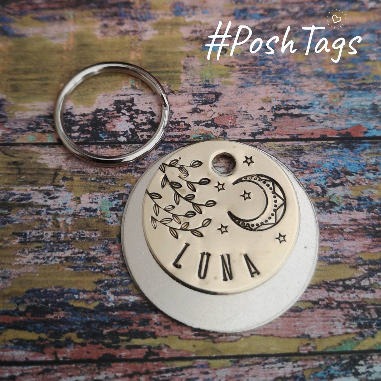 Tree, moon and stars pet name - dog cat pet id tag hand stamped #PoshTags Collar Christmas Gift Idea