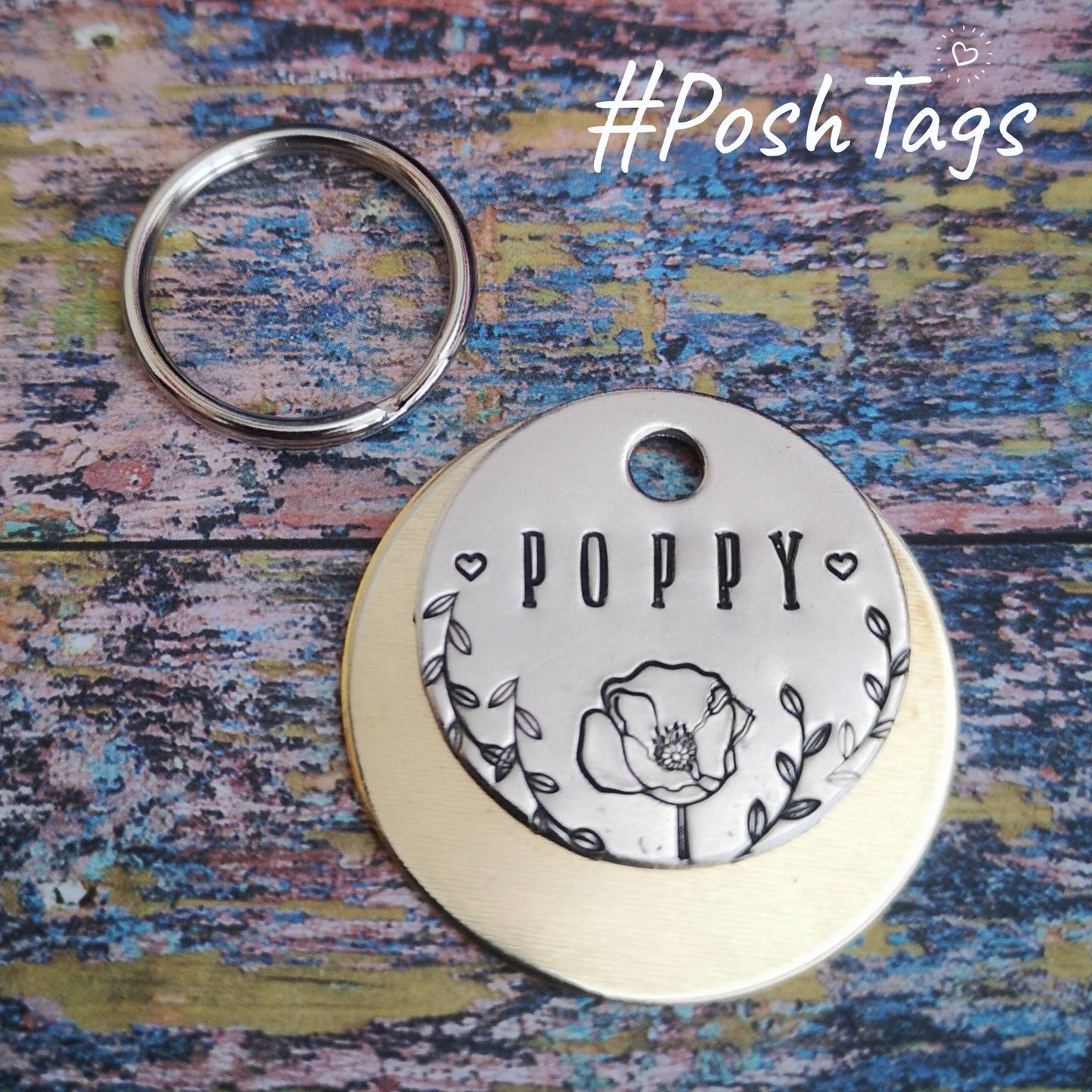 Poppy flower and leaves - cat dog pet tag ID #PoshTags Collar Christmas Gift Idea