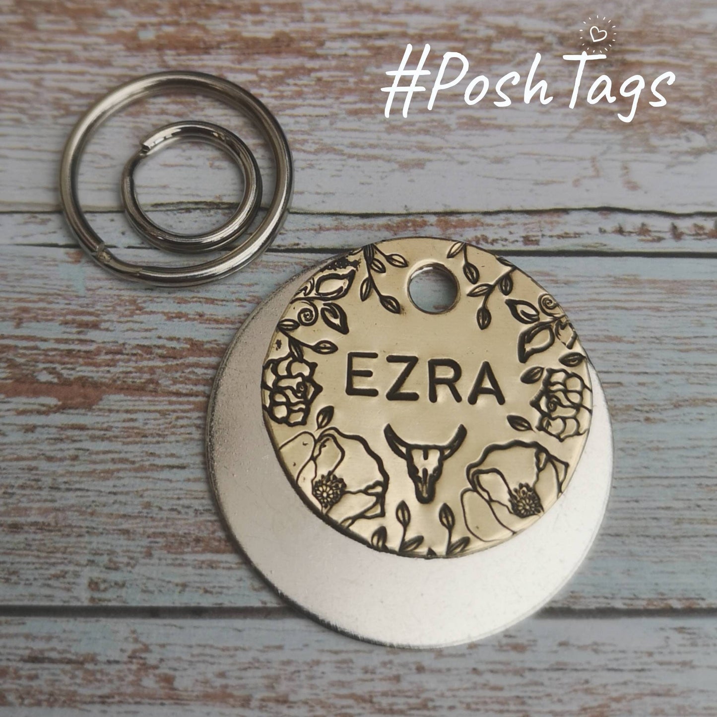 Skull & flowers dog cat tag pet tag hand stamped #PoshTags Collar Christmas Gift Idea