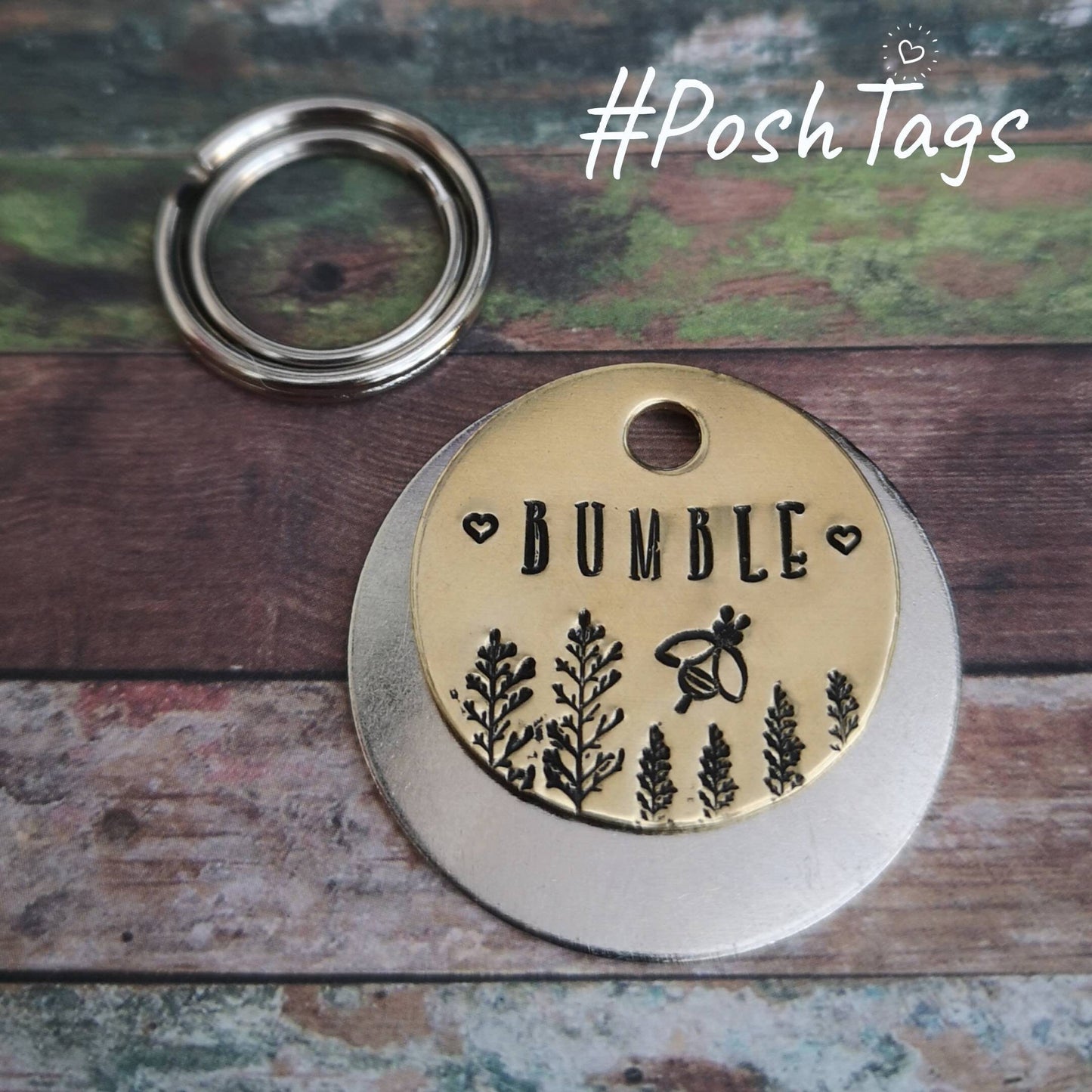 Bumble bees & trees cat dog pet id tag hand stamped #PoshTags Collar Christmas Gift Idea