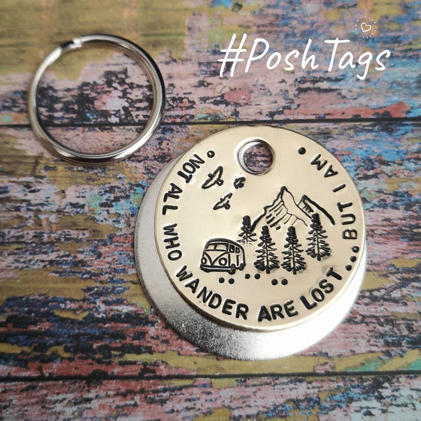 Not all who wander are lost - camper van mountains trees - cat dog pet tag ID #PoshTags Collar Christmas Gift Idea