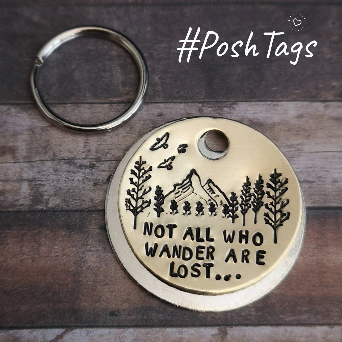 Not all who wander are lost... - birds, trees and mountains - hand stamped pet dog ID tag #PoshTags Collar Christmas Gift Idea