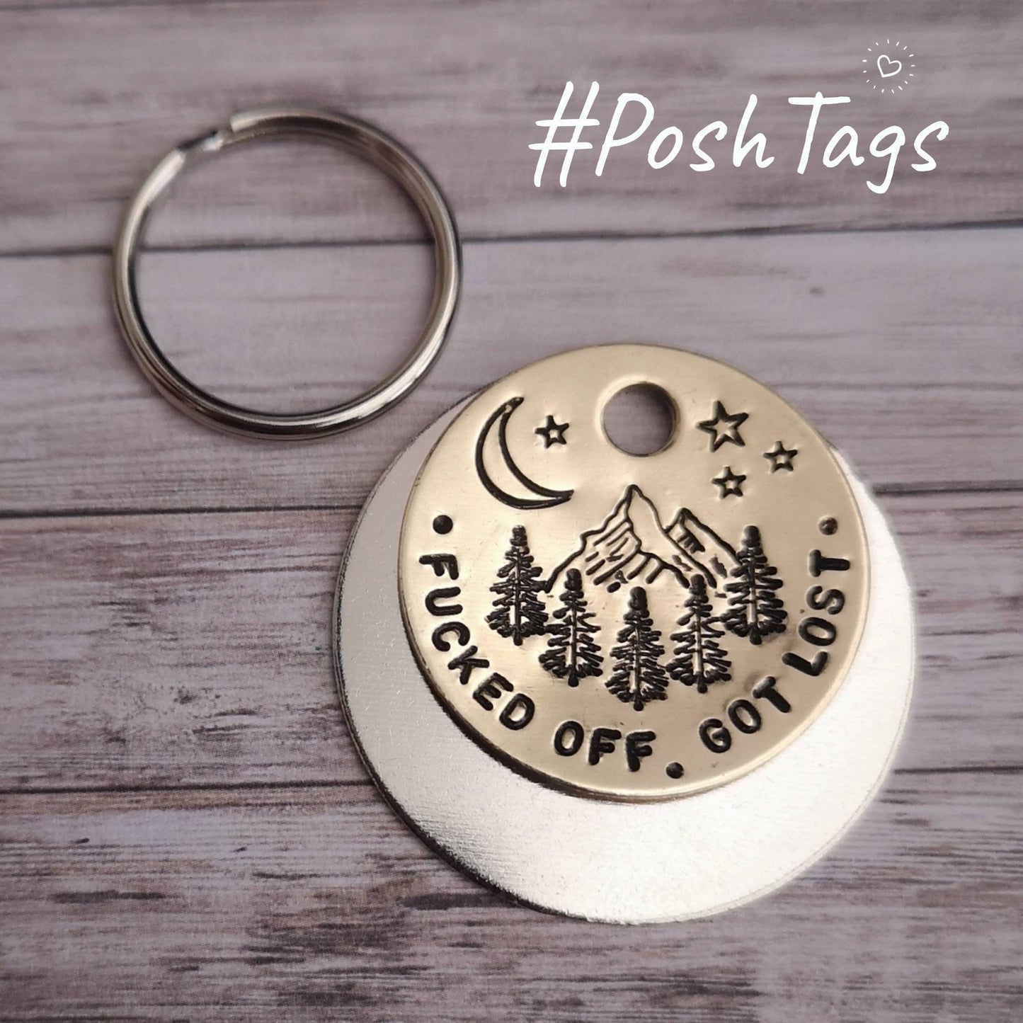 Fucked off. Got lost - moon mountains trees stars - cat dog pet tag ID #PoshTags Collar Christmas Gift Idea