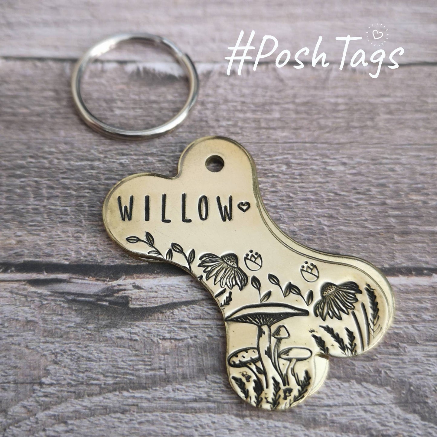 A woodland walk - Brass bone shape dog tag - wildflowers toadstools mushrooms ferns - hand stamped #PoshTags Collar Christmas Gift Idea