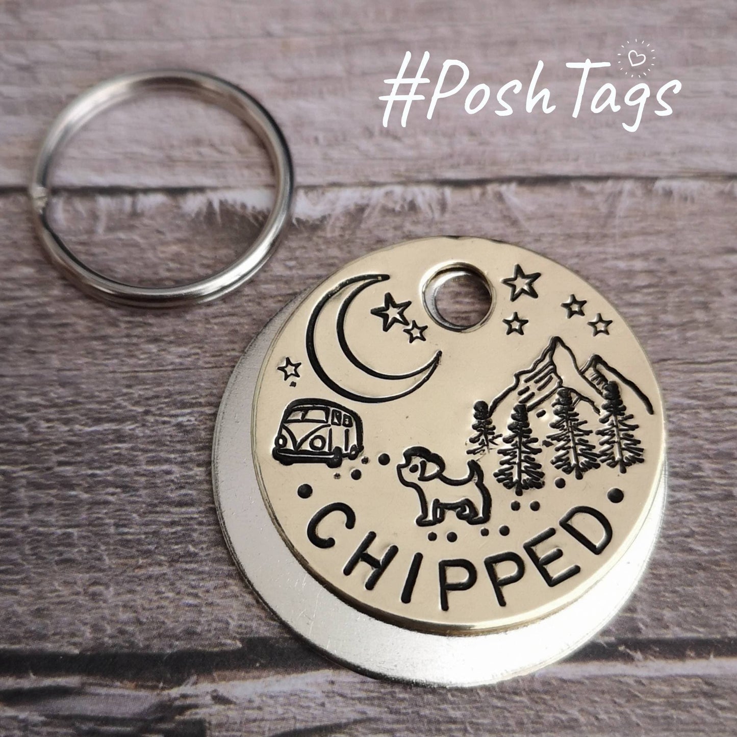 Chipped - camper van mountains trees moon stars dog pet id tag hand stamped #PoshTags Collar Christmas Gift Idea