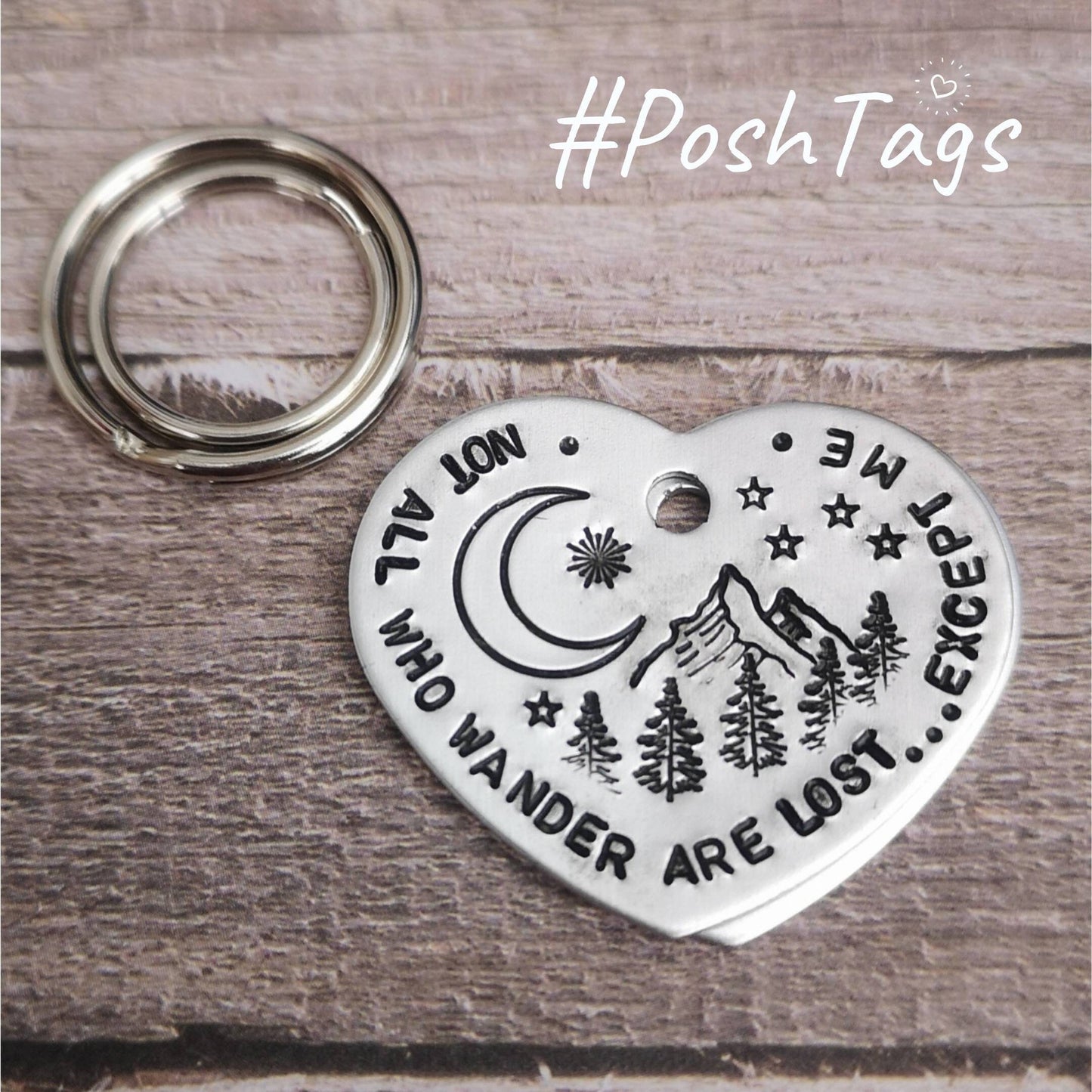 Heart shaped tags - Not All Who Wander - moon stars trees mountains - super light aluminium dog pet cat ID tag #PoshTags