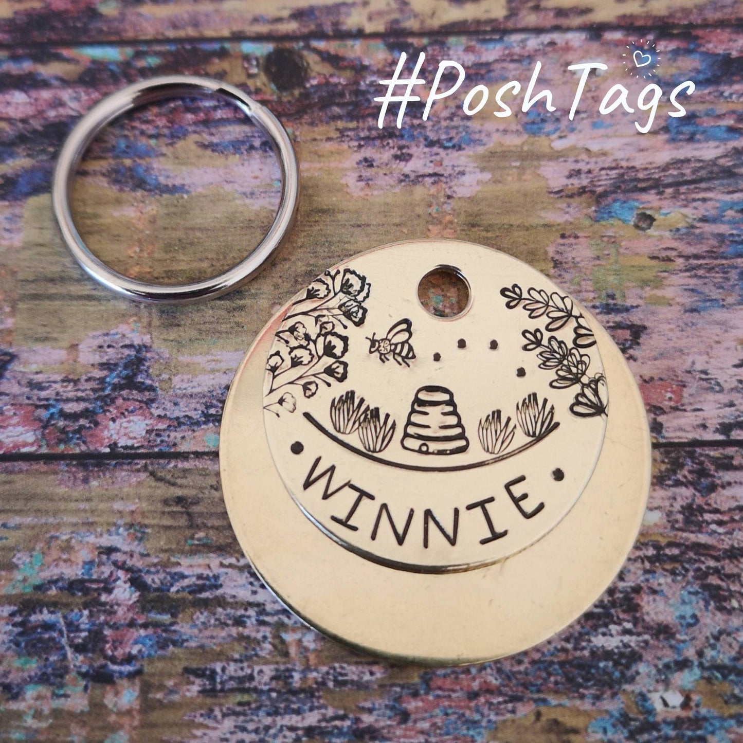 Bumble Bee, hive & wildflowers - The Winnie Tag - pet cat dog ID tag #PoshTags Collar Christmas Gift Idea