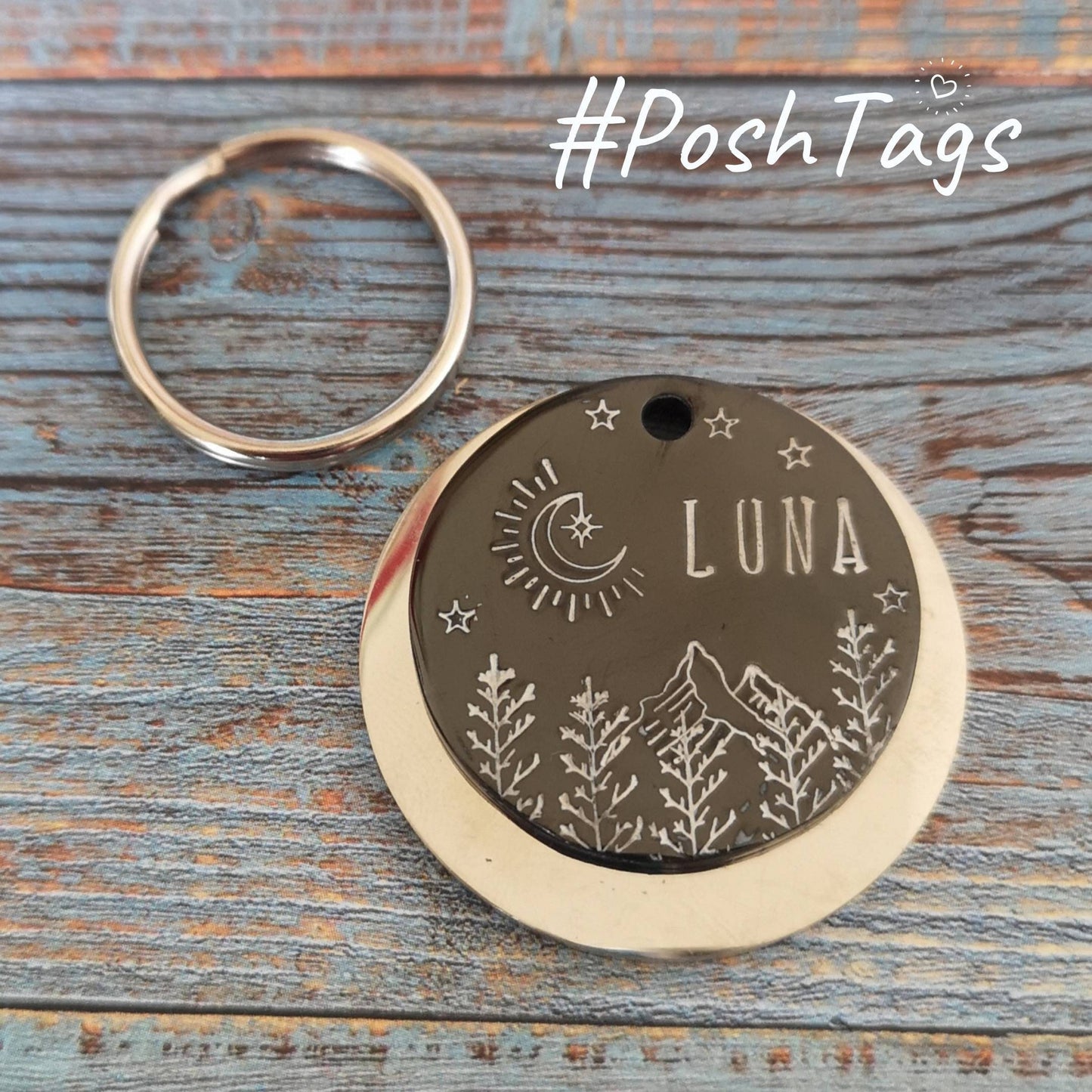 Stainless steel Black & Silver - Moon, mountains, trees night sky stars moon - dog cat ID tag #PoshTags Collar Christmas Gift Idea