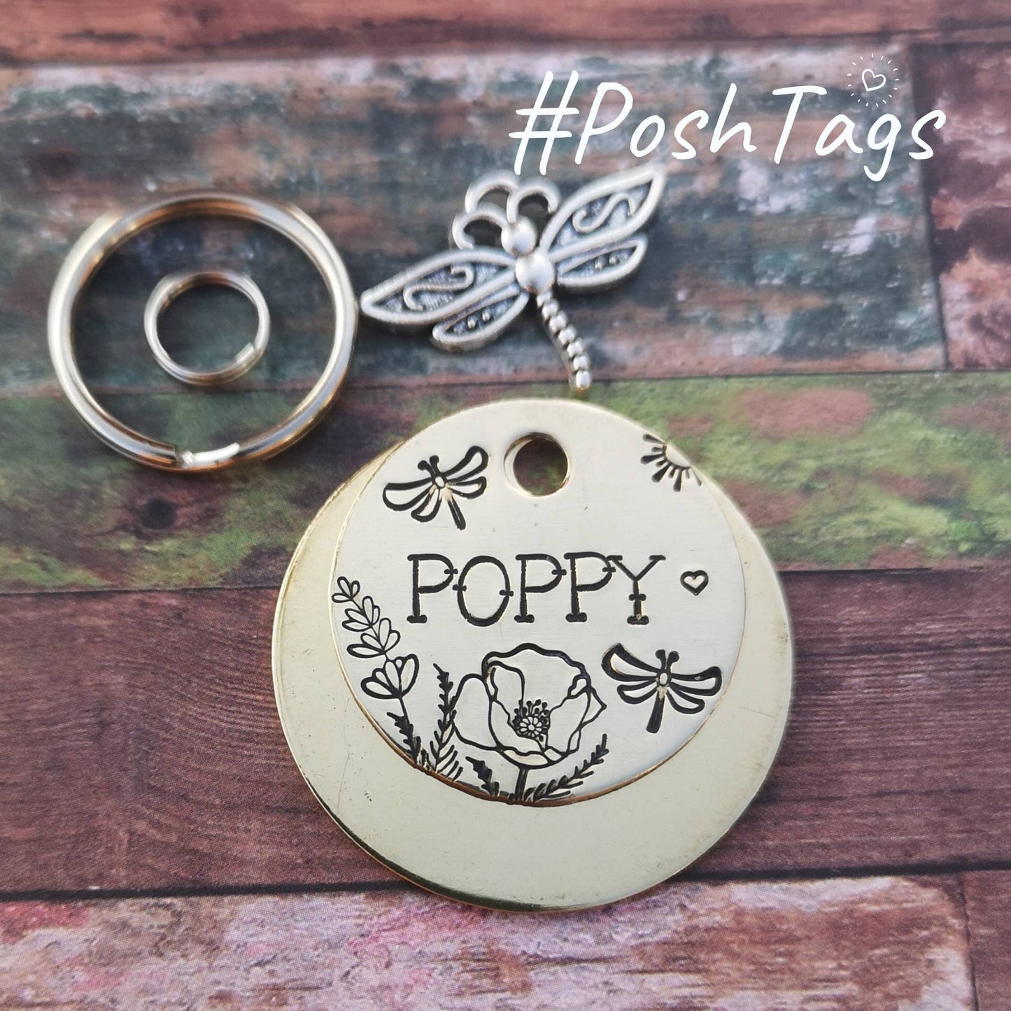 Poppy flower, dragonfly, wildflowers and leaves - cat dog pet tag ID #PoshTags Collar Christmas Gift Idea