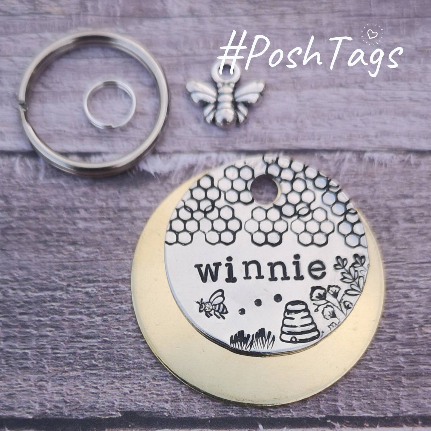 Bee, hive, honeycomb & wildflowers - The Winnie Tag - pet cat dog ID tag #PoshTags Collar Christmas Gift Idea