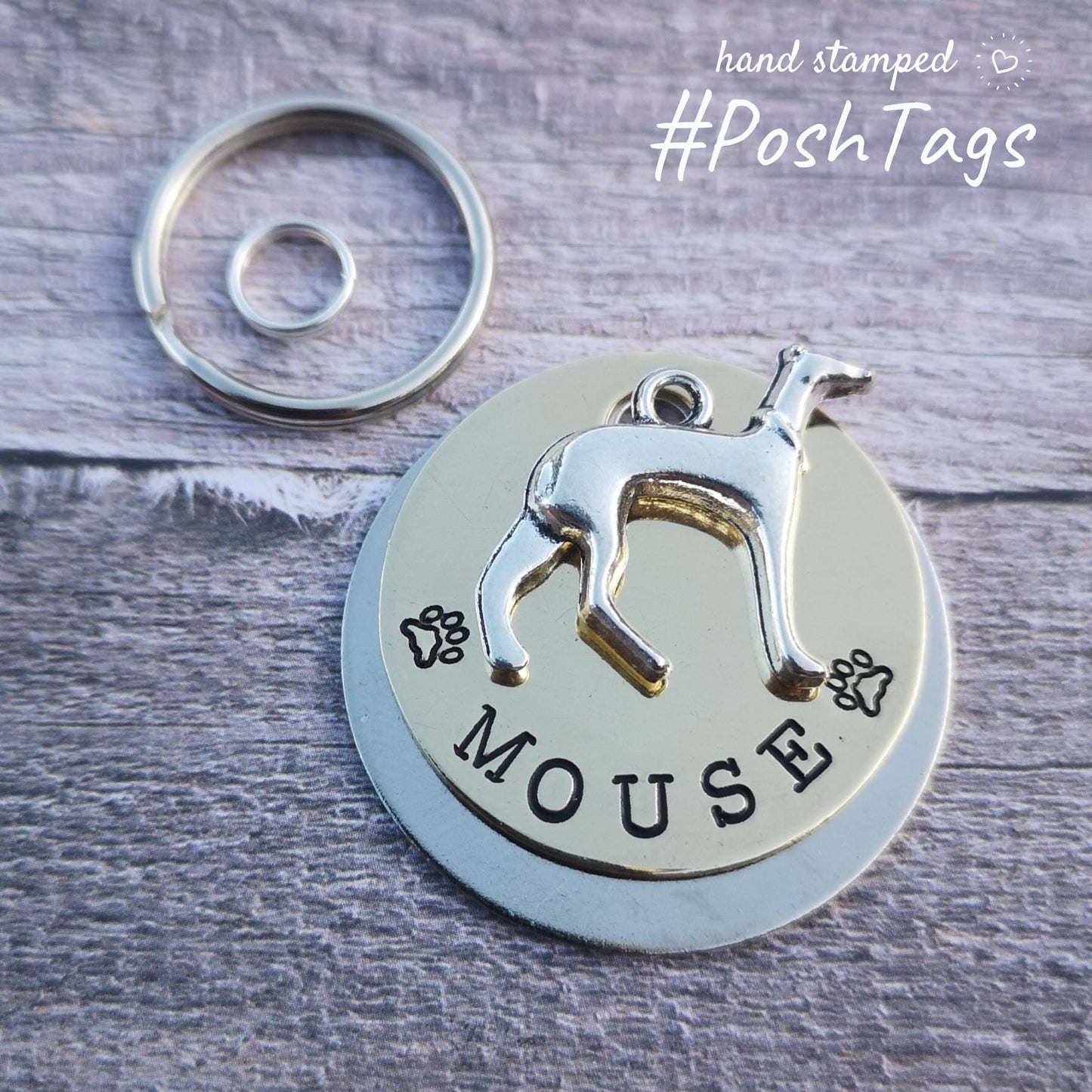 Greyhound lurcher whippet sighthound - nice and simple - add your pet name - pet dog ID collar tag