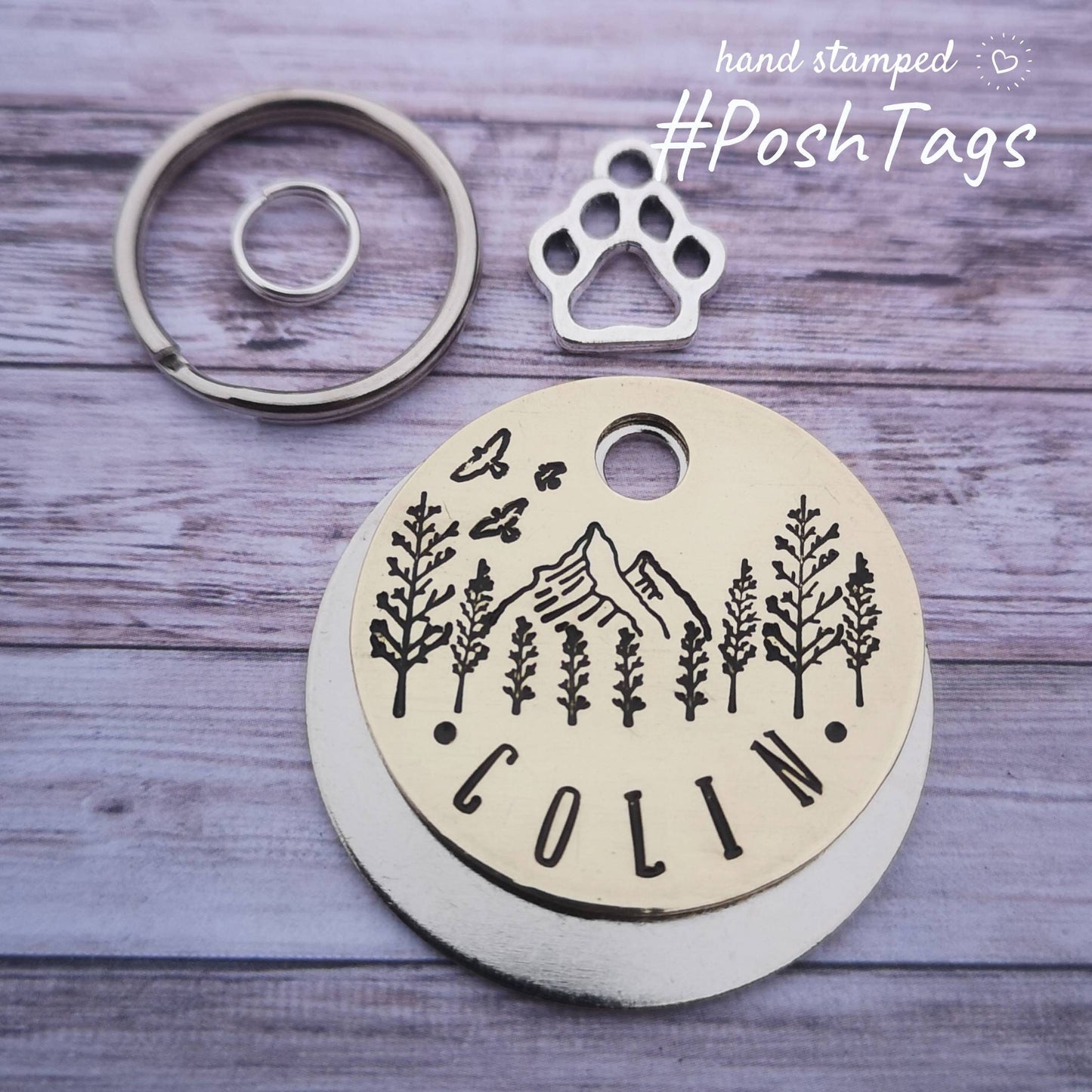 Your pet name - birds over the mountain and tree scene - paw charm - pet cat dog ID collar tag