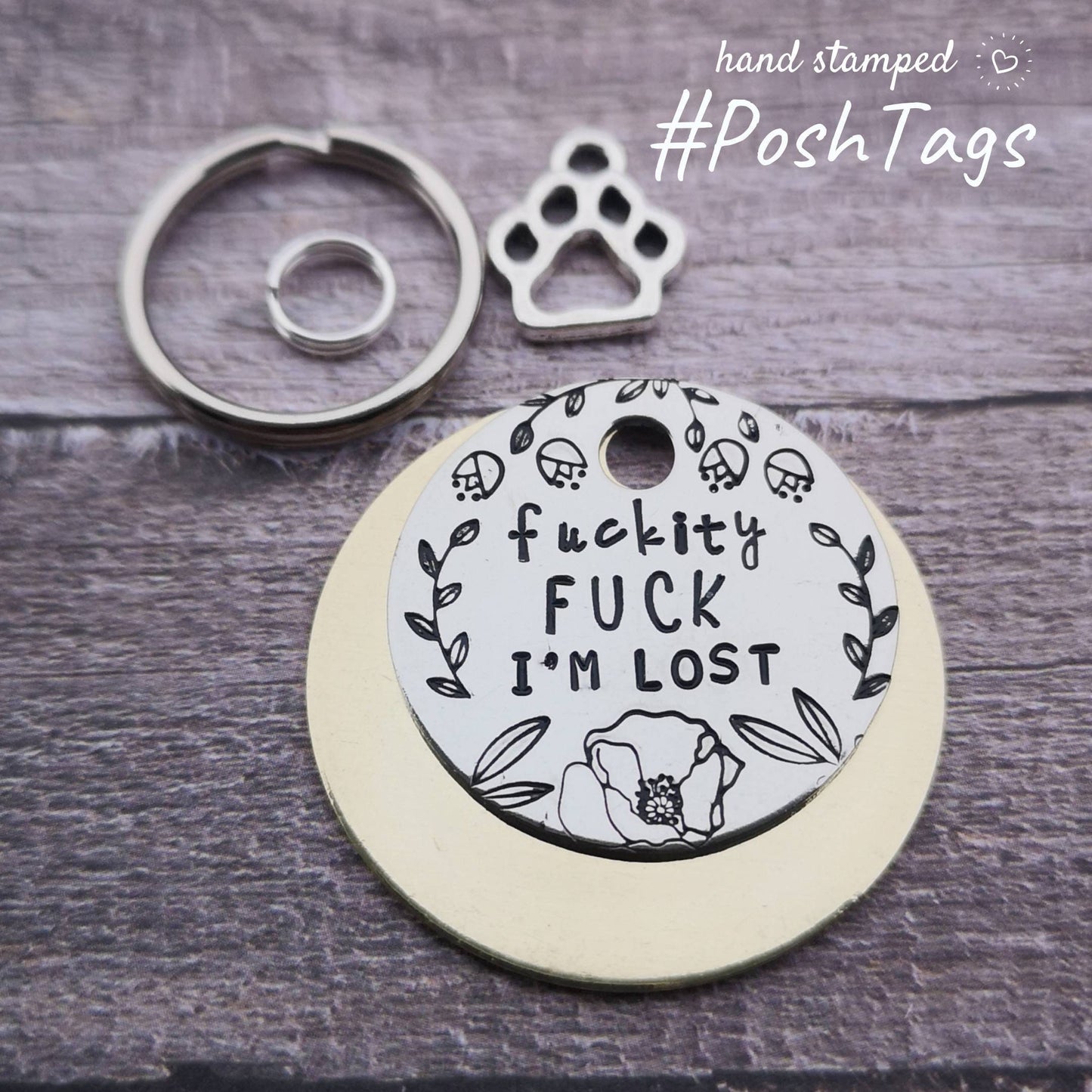 Fuckity fuck I'm lost - pretty floral flowers poppy - pet cat dog ID collar tag