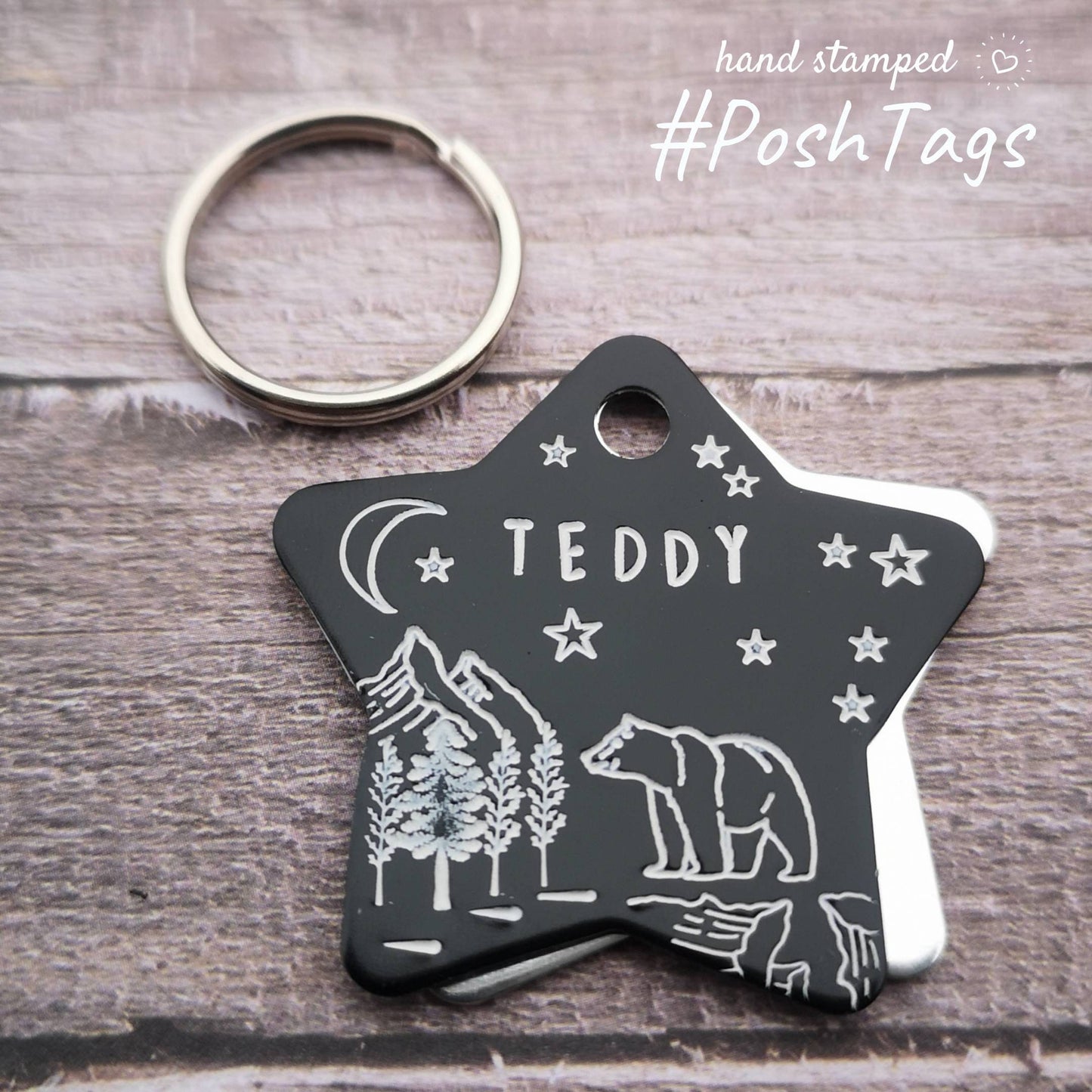 Bear in the mountains - black star shaped tags - pet dog ID collar tag