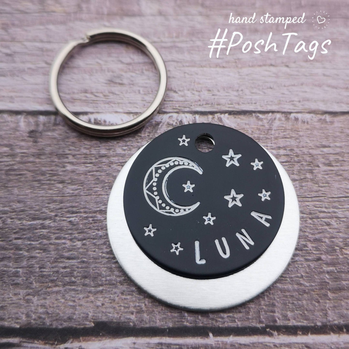 Mandala moon and stars - add your pet name - pet cat dog ID collar tag