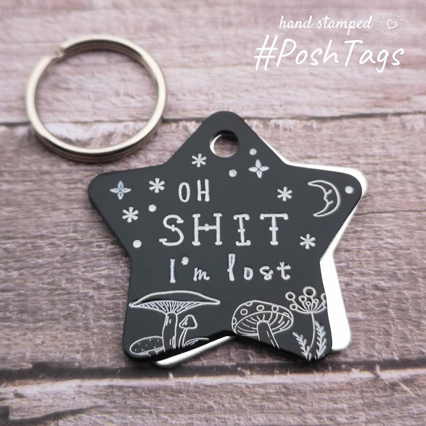 Oh shit I'm lost - moon stars toadstool mushroom magic flowers - black star shaped tags - pet dog ID collar tag