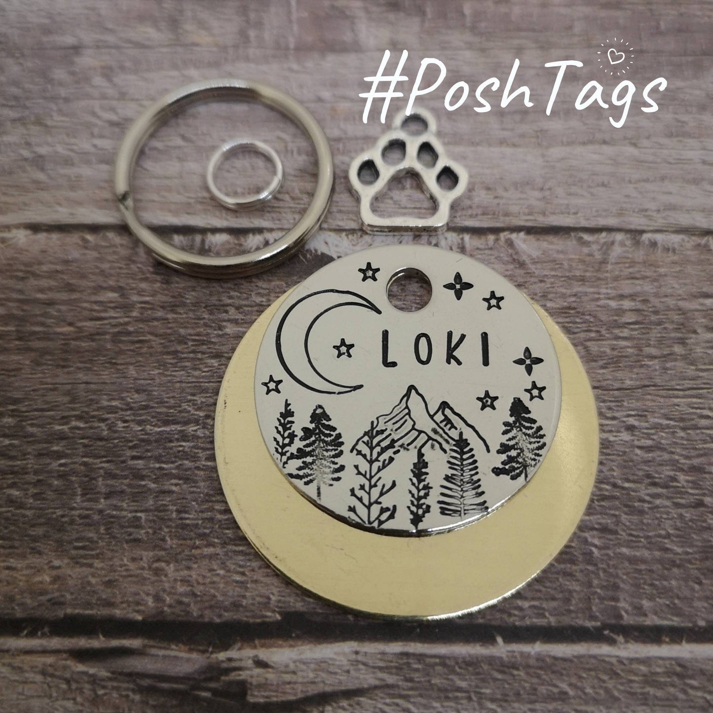 Crescent moon over mountains - any pet name - nature trees woods stars night sky- pet cat dog ID collar tag