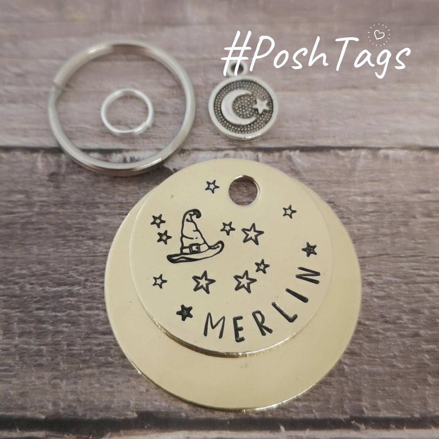Merlin (or any name) wizard/witch - hat moon stars magic cute funny - pet cat dog ID collar tag
