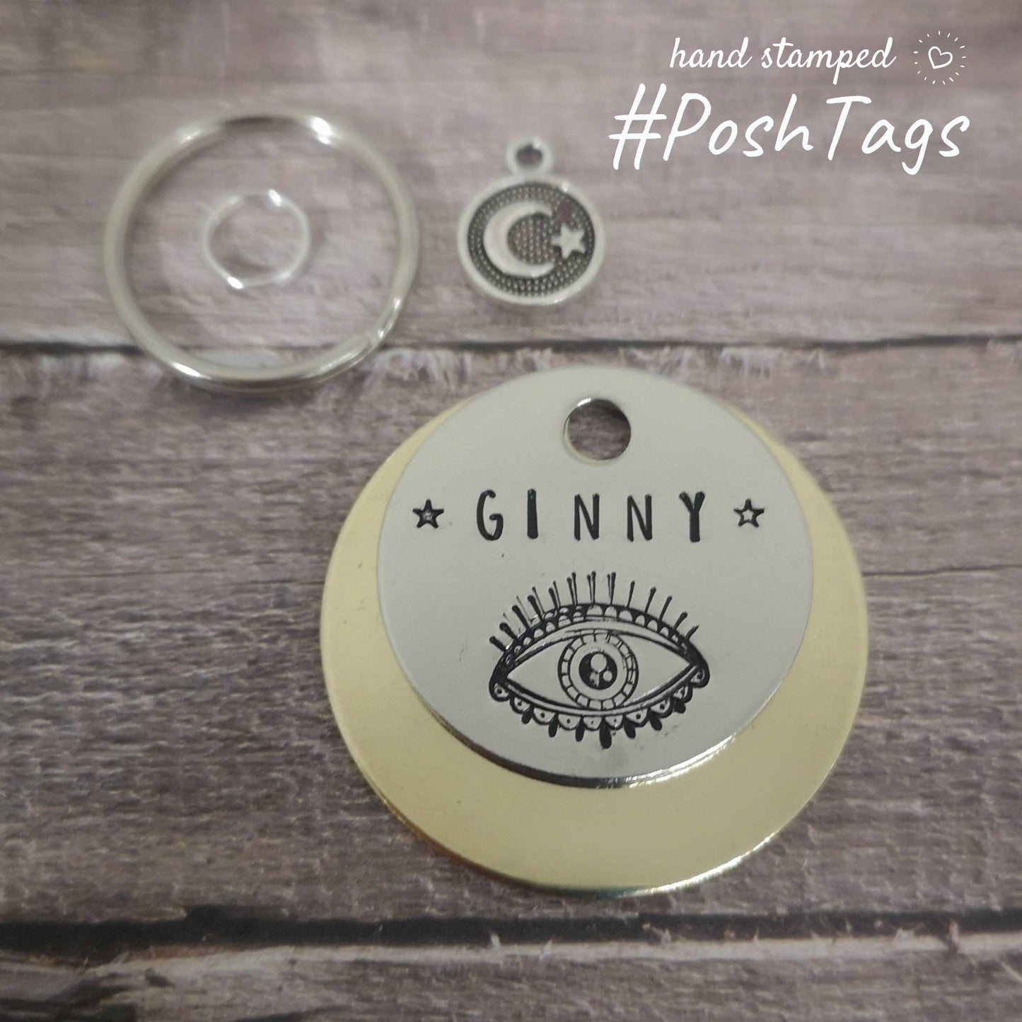 Simple evil eye and pet name - all seeing eye good luck - witch magic - pet cat dog ID collar tag