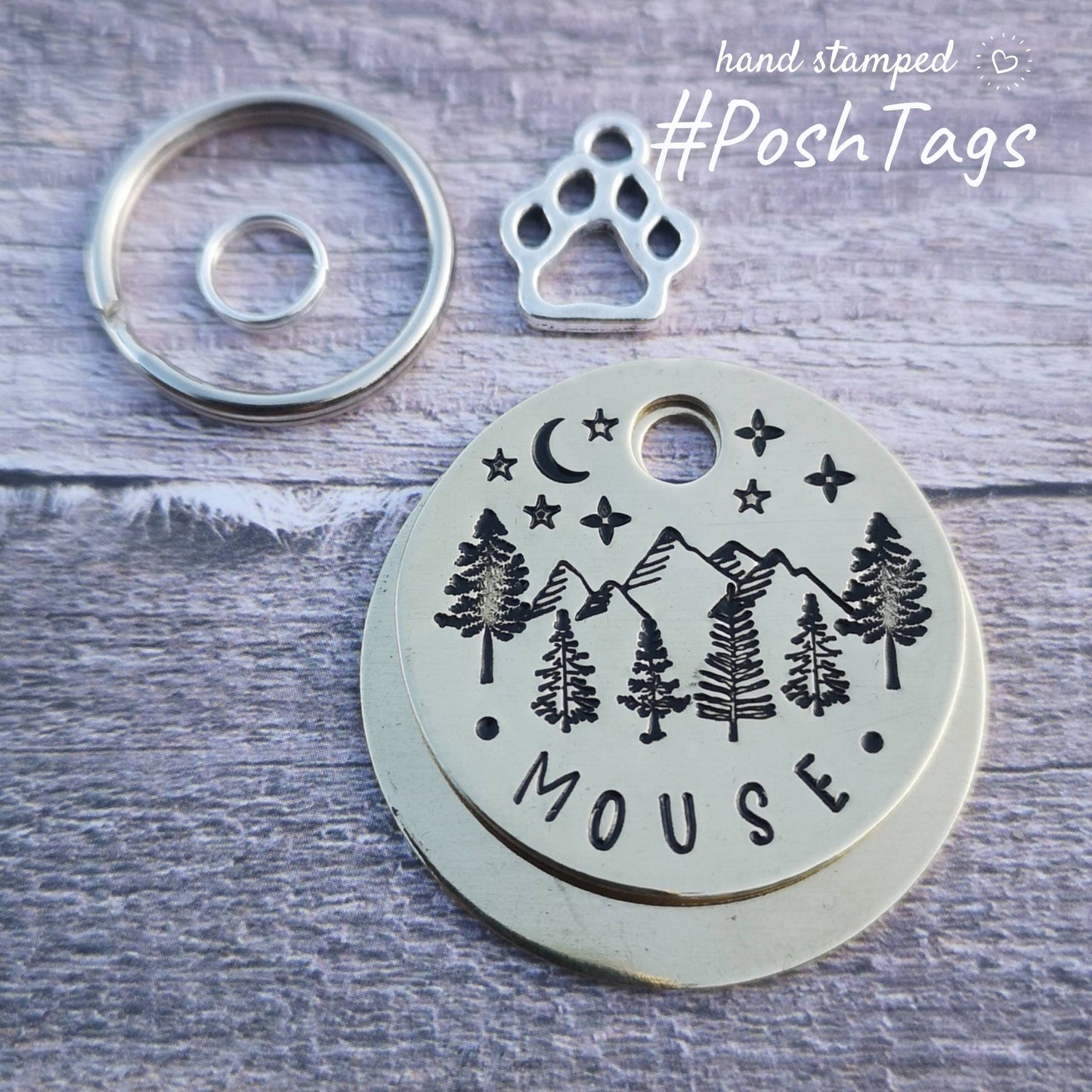 Mountain and tree scene, starry sky, moon, paw charm - add your pet name - pet cat dog ID collar tag