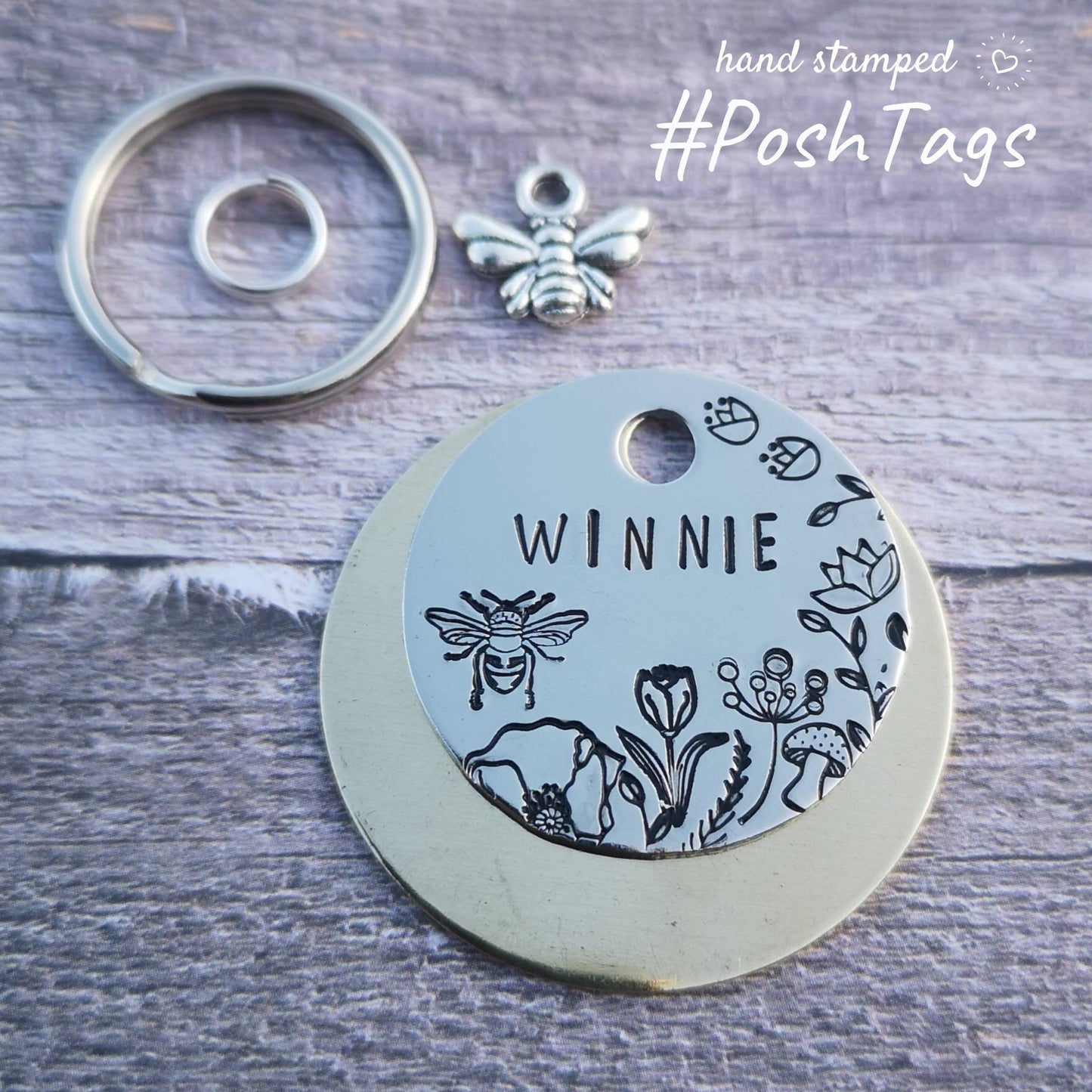 Bee and wildflowers - Winnie (or your pet name or "chipped") - pet cat dog ID collar tag