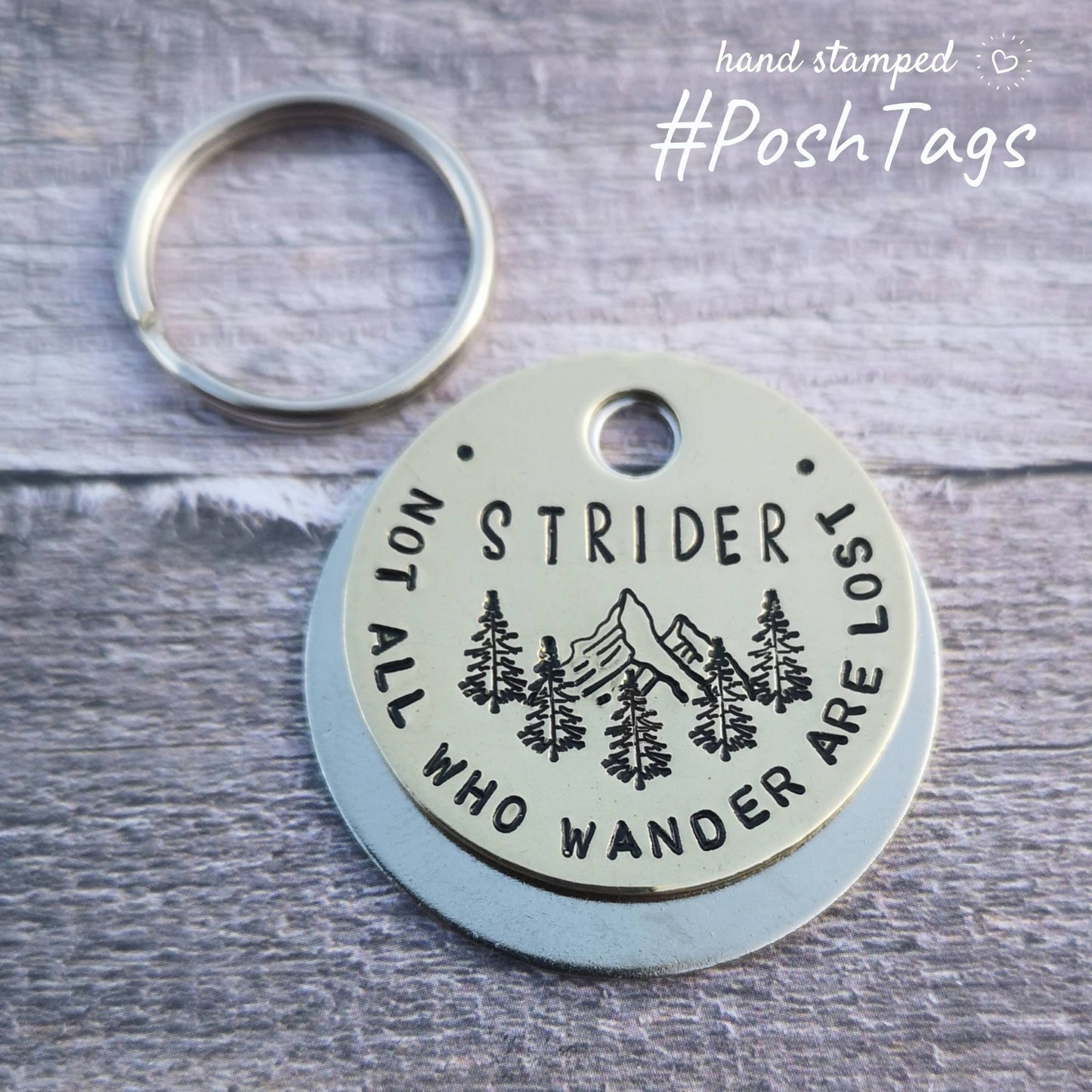 Not all who wander are lost - Mountain and tree scene - add your pet name - pet cat dog ID collar tag