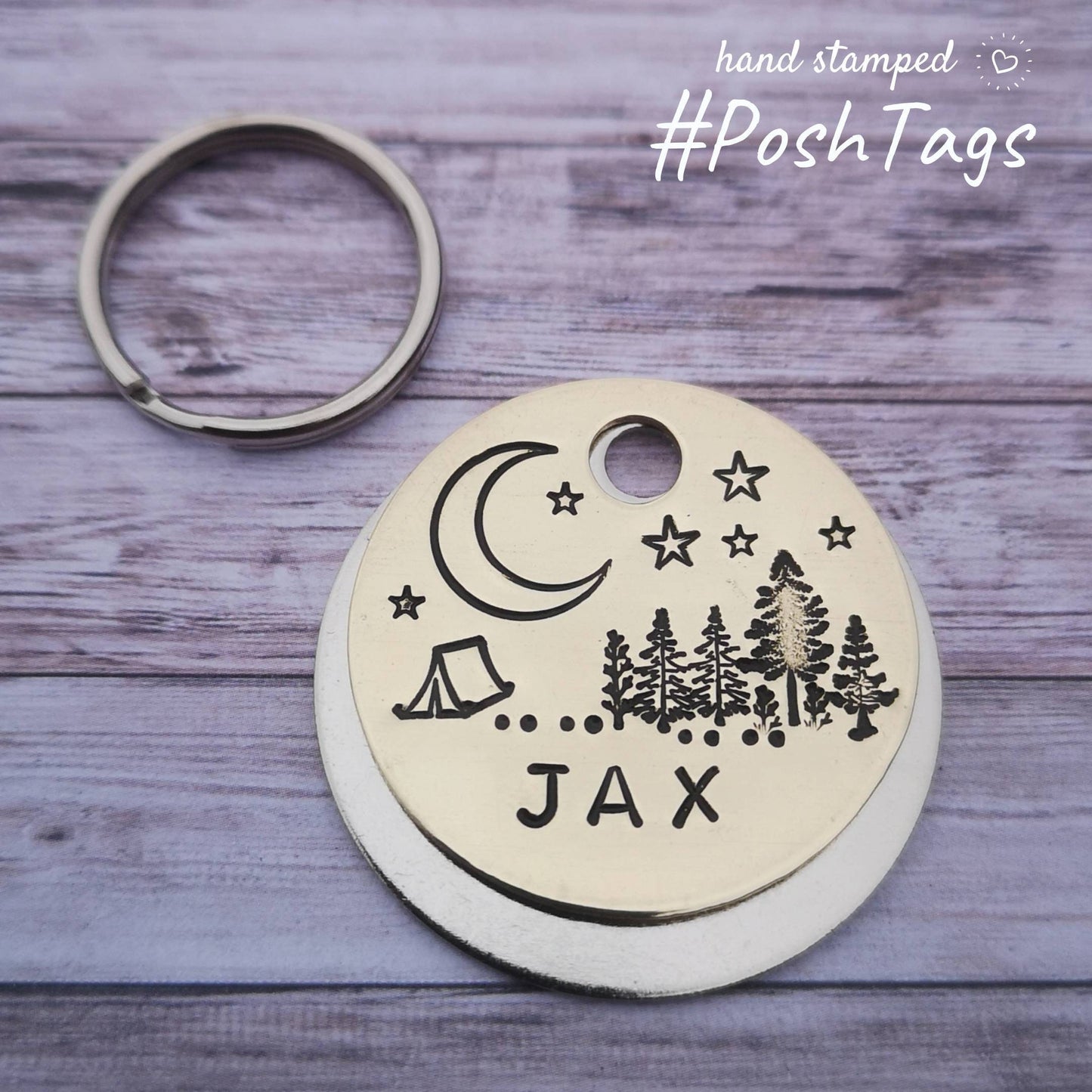 Crescent moon and camping - tent tree nature scene stars - add your pet name - pet cat dog ID collar tag