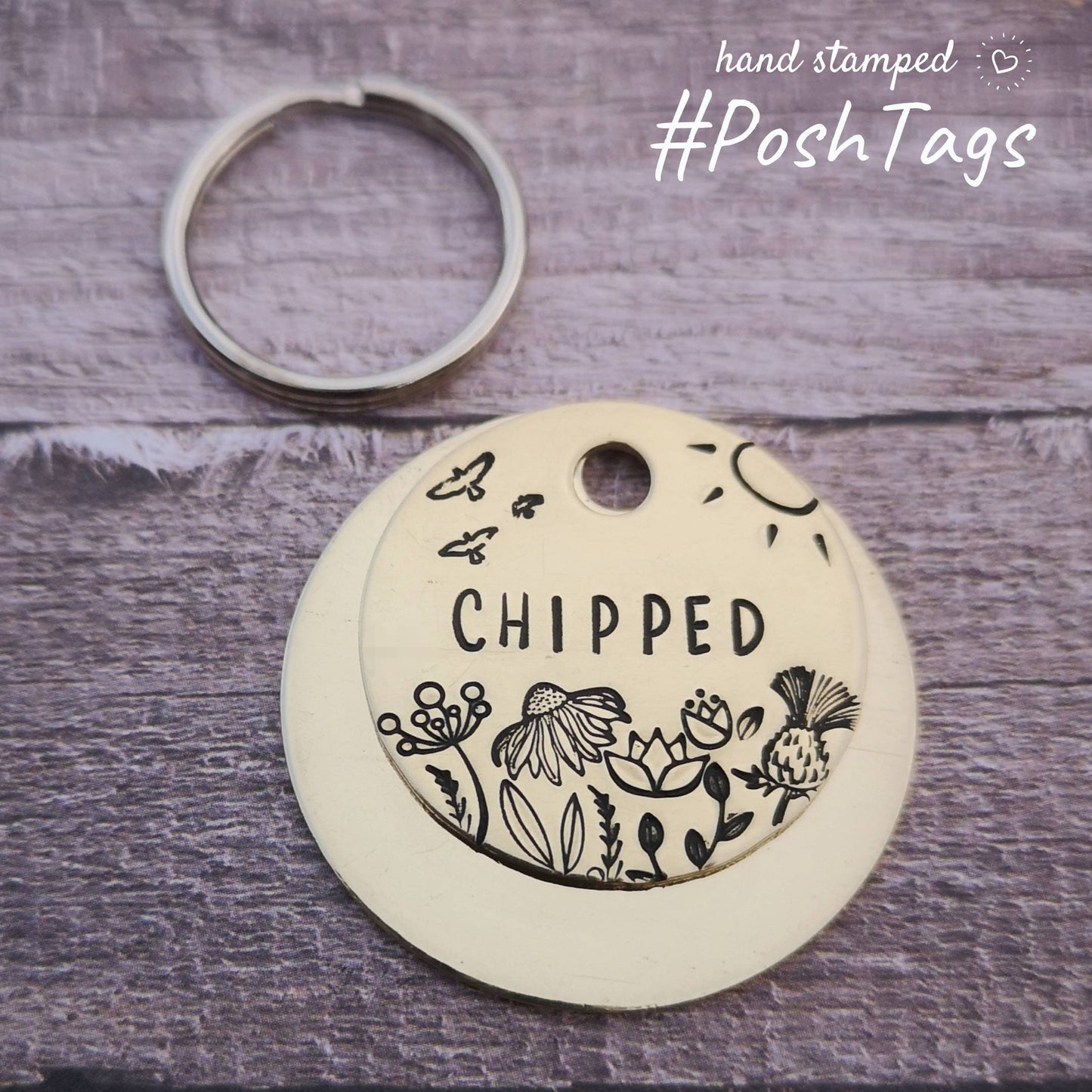 Birds, sunshine and wildflowers - chipped (or your pet name) - pet cat dog ID collar tag