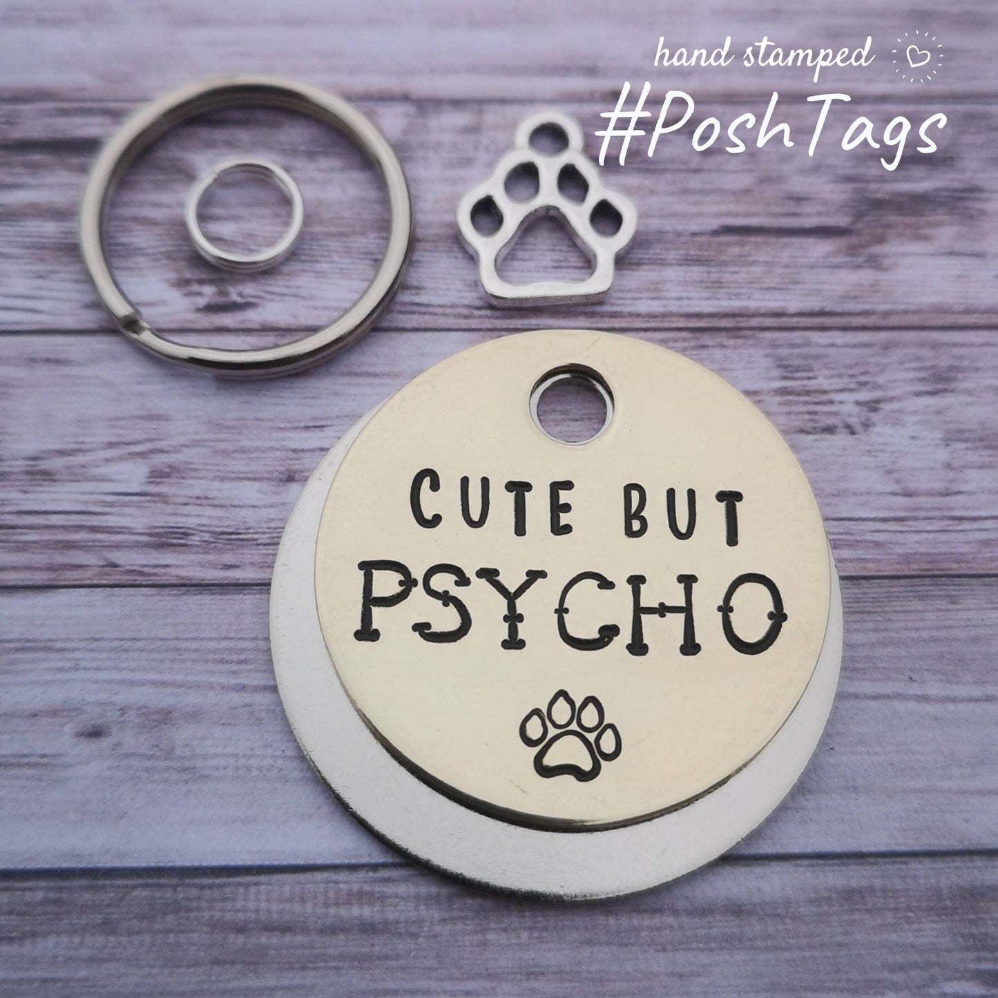 Cute but Psycho - funny - paw charm - pet cat dog ID collar tag