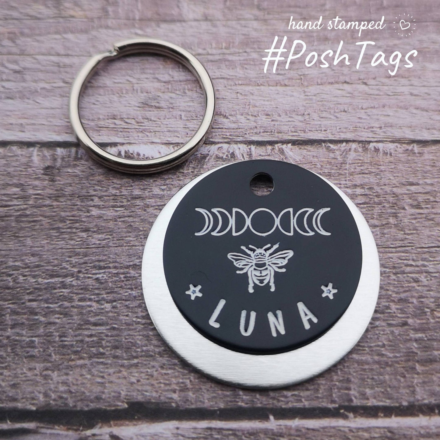 Phases of the moon and bee - add your pet name - pet cat dog ID collar tag