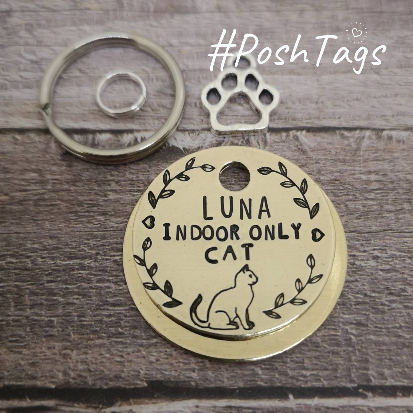 Indoor cat only - any name - leaf border - pet cat ID collar tag