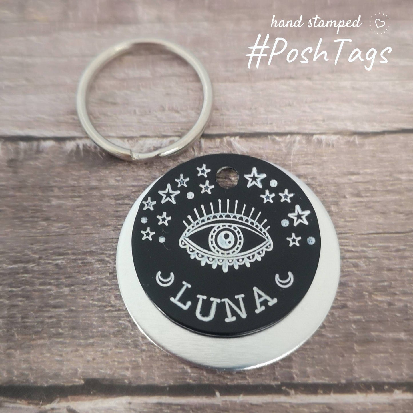 Evil eye moon and stars - witch wizard spells magic good luck eye - pink black silver - pet cat dog ID collar tag