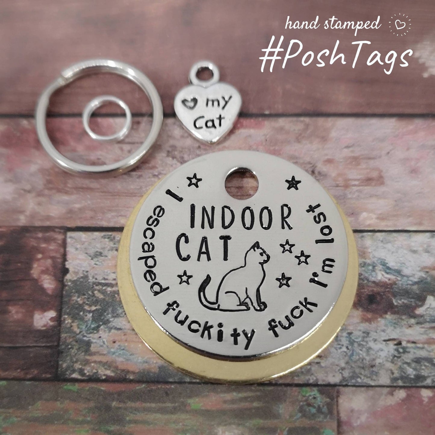 Indoor cat - I escaped fuckity fuck I'm lost - 4 colour choices - funny naughty rude - pet cat ID collar tag