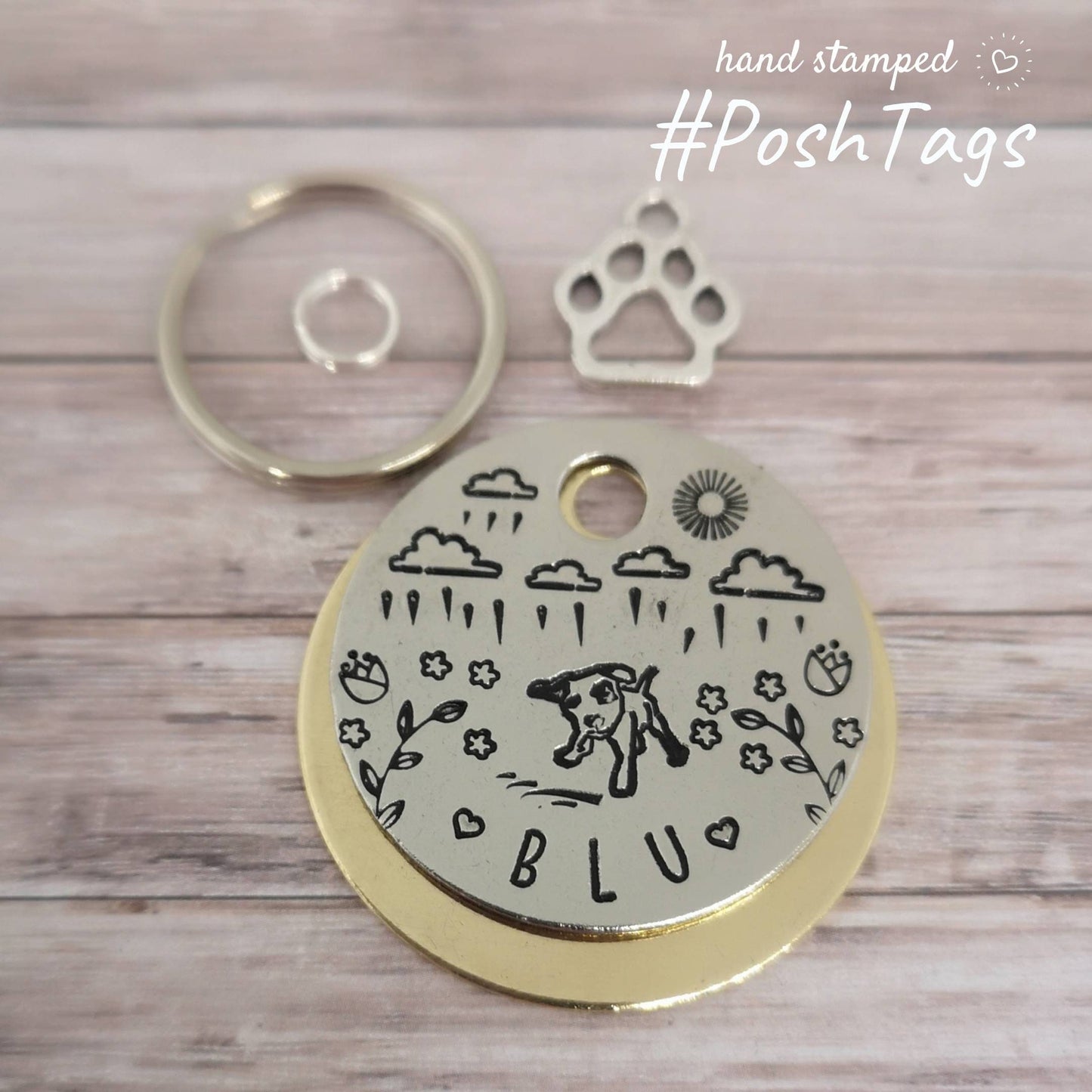 Great British Weather - rain, clouds, puddle - staffy Staffordshire bull terrier (dog stamp can be changed) - pet dog ID collar tag