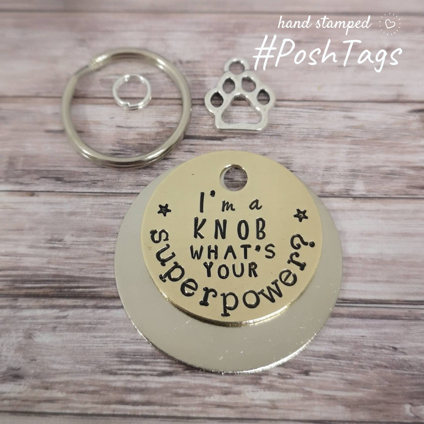 I'm a knob - what's your superpower? 3 sizes - pet cat dog ID collar tag