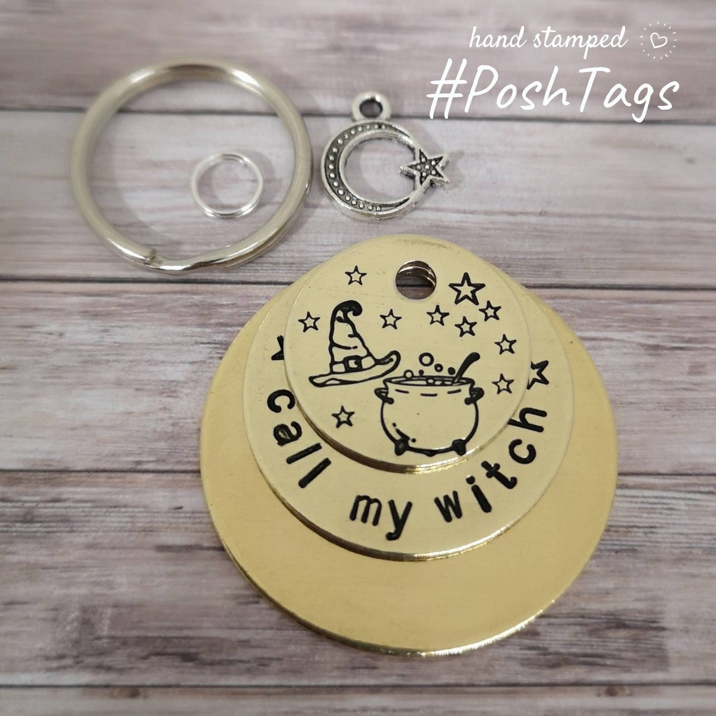 Call my wizard/witch/mum - three tier, three sizes - hat moon stars cauldron magic - pet cat dog ID collar tag