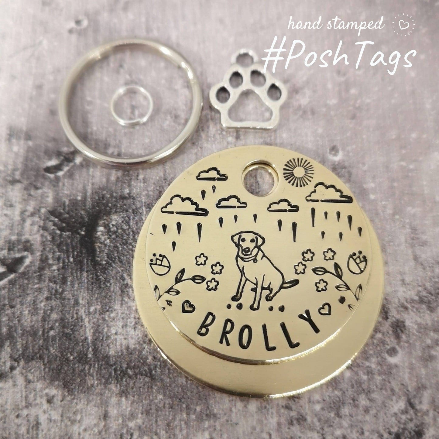Great British Weather - rain, clouds, puddle - Labrador (dog stamp can be changed) - add your pet name - pet dog ID collar tag