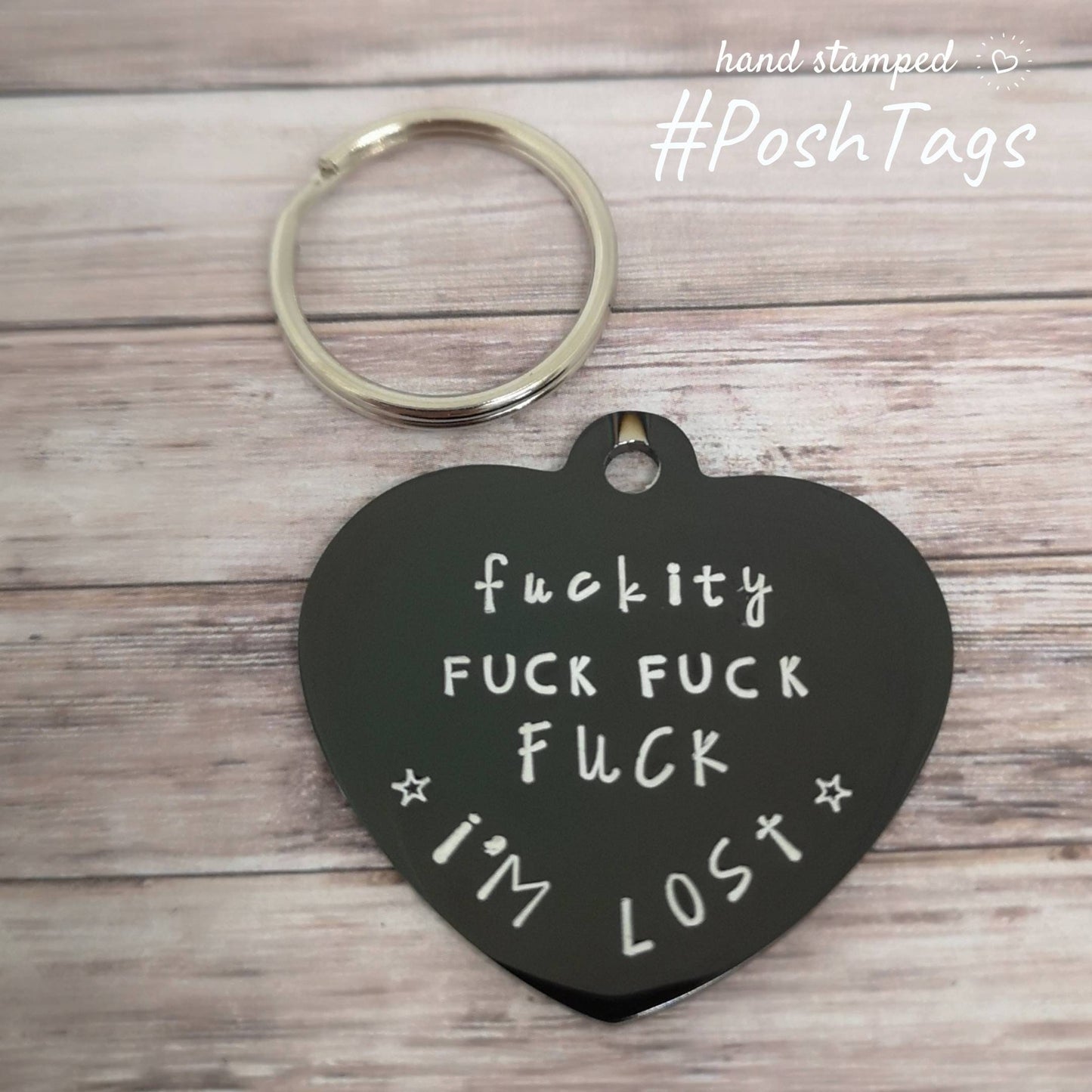 Black heart stainless steel Fuckity fuck I'm lost - rude funny - pet cat dog ID collar tag
