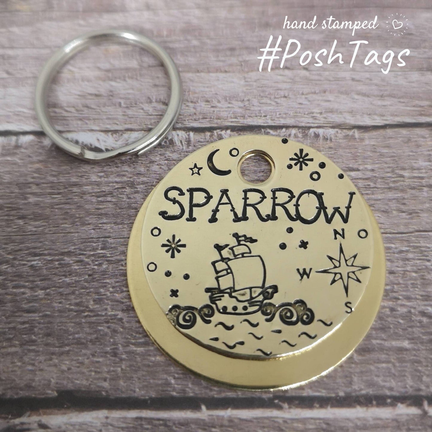 Pirate ship, compass, sea, waves, moon, stars - add your pet name - pet dog ID collar tag