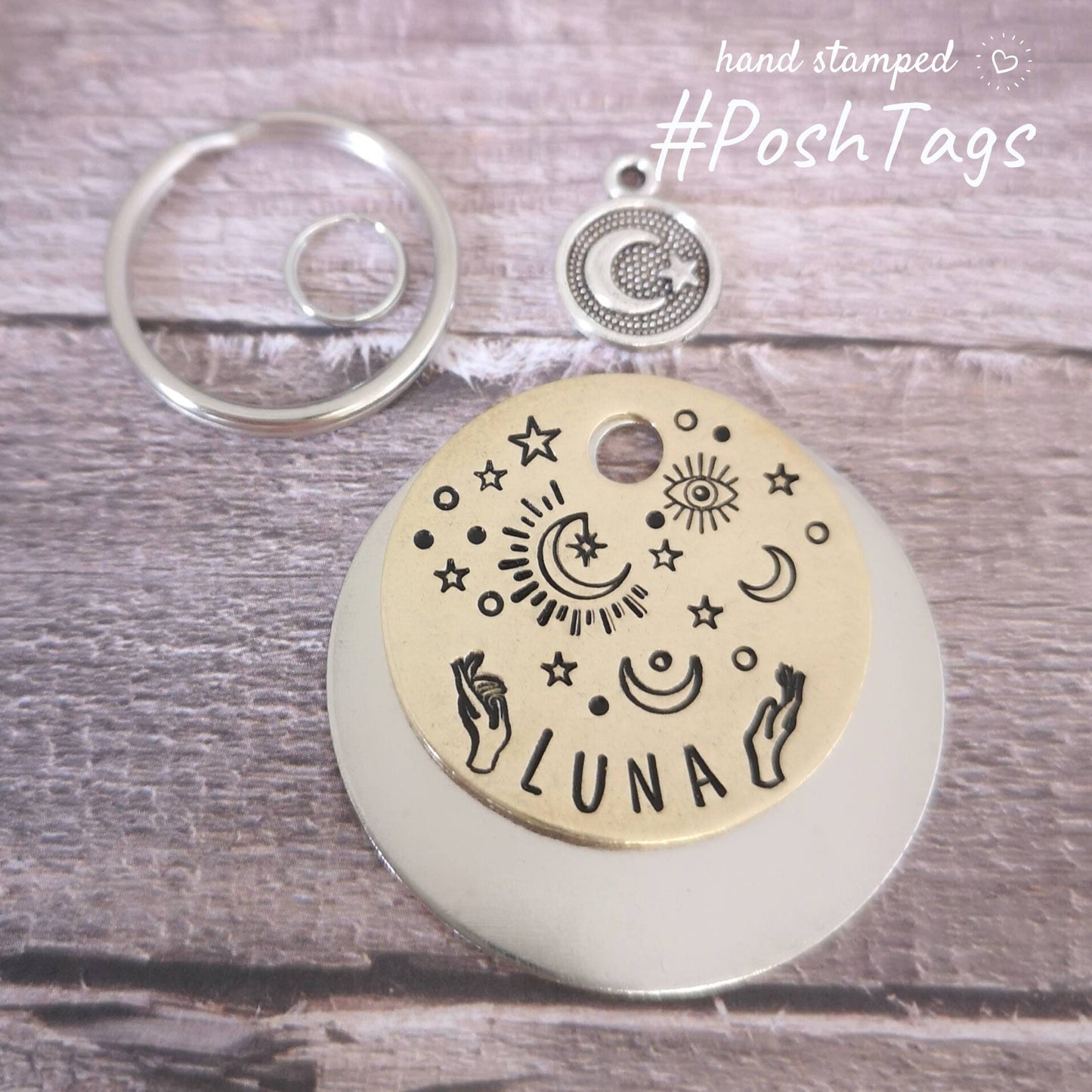 Casting spells - evil eye, magic, hand moon stars - all seeing eye good luck - witch nature - pet cat dog ID collar tag - 3 sizes, 4 colours