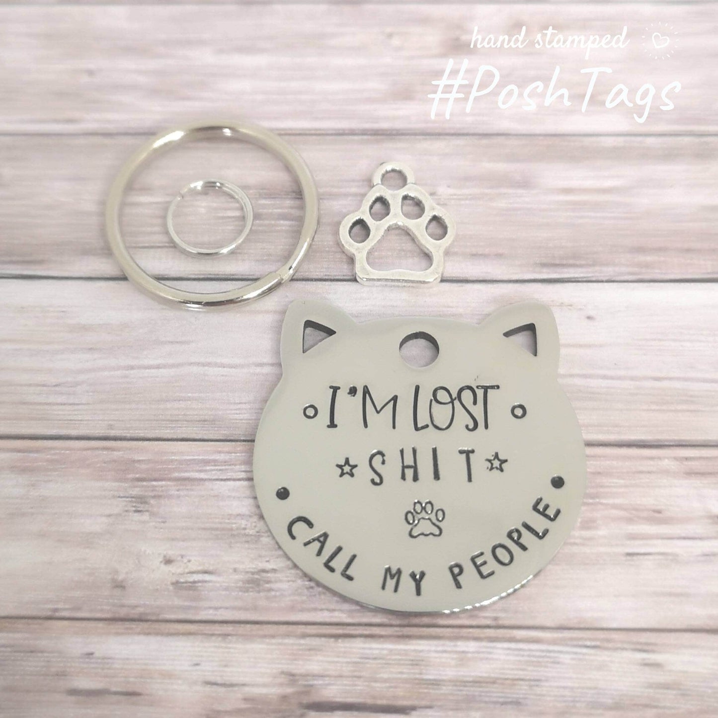 Cat shaped tag with ears - I'm lost - shit call my people - stainless steel kitten pet tag hand stamped #PoshTags Collar Christmas Gift Idea
